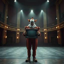 a clown holding a small tv screen in front of his chest and standing on a stage in a big empty theater in the style of peter mohrbacher and jacek yerka, cinematic lighting, detailed
