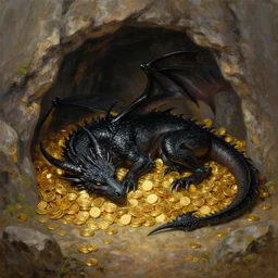 a black dragon, sleeping on a hoard of gold in it's den. a final fantasy oil painting of far off lands by john avon. a colored - pencil drawing by thomas cole, terese nielsen, and edvard escher guay, magical high - fantasy illustration, trending on artstation