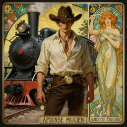a dramatic ethereal epic symmetrical painting of a handsome villainous cowboy standing in front of a steam train locomotive! his shirt is unbuttoned and he has a pocketwatch! tarot card, art deco, art nouveau, ( steampunk ), homoerotic, realistic! by louis comfort tiffany and alphonse mucha! trending on artstation