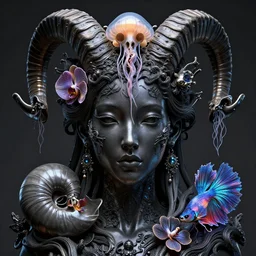 goddess princess face close-up portrait ram skull. sculpture made of black and dichroic. jellyfish phoenix head, nautilus, orchid, skull, betta fish, bioluminiscent creatures, intricate artwork by Tooth Wu and wlop and beeple. octane render, trending on artstation, greg rutkowski very coherent symmetrical artwork. cinematic, hyper realism, high detail, octane render, 8k