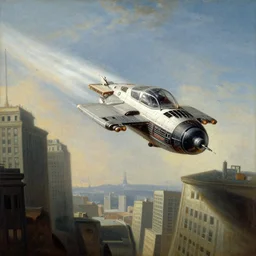 spaceship soaring between skyscrapers at great speed, francois boucher
