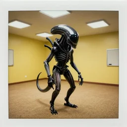 minecraft black glossy xenomorph in endless vacant office, pale yellow wallpaper, walls are plastered mono yellow, rectangular white florescent lights randomly arranged, drop down ceiling, old tan brown carpet across the floor, cross section walls, polaroid, dramatic lighting, photorealistic, art by h. r. giger and chris foss and beksinski