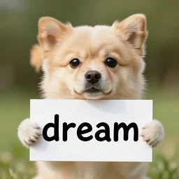 realistic high quality photo of a cute dog holding a sign with text that reads : dream