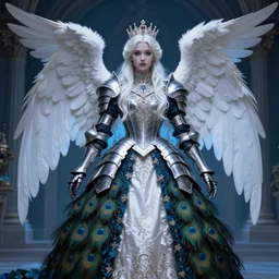 princess angel knight gothic girl in dark and white dragon armor, rococo peacock outfit. by gaston bussiere, by rembrandt, 1 6 6 7, artstation trending, blue light, by konstantin razumov *