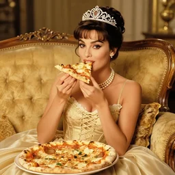 photo of sophia loren, young beautiful, draped in relaxed pose on antique luxury sofa, holding pizza, eating pizza, enjoying pizza, princess, intricate ornamented tiara, opulent pearl necklace, laced dress, golden lighting, golden ratio, sharp focus, masterpiece, extremely coherent