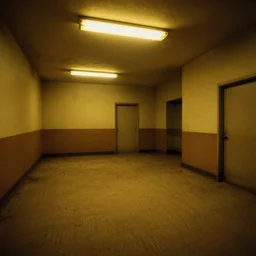 Backrooms, old moist carpet, mono-yellow, fluorescent lights, randomly segmented rooms, eerie