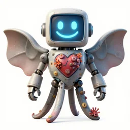 official character sheets for an old dumbo squid biomech, digital 2 d screen smiley robot face, mechanical heart in center, covered in coral and barnacles, worn stickers, scratches, damage, art by tim schafer black velvetopia art for psychonauts from double fine studios, art by splatoon from nintendo, black light rave, adult character, apocalypse