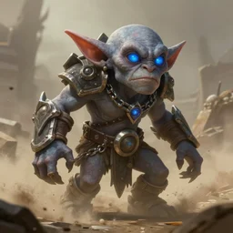 a highly detailed goblin with grey skin and blue eyes that glow, in a dust storm, like magic the gathering, goblin chainwalker,, digital art, by christopher rush
