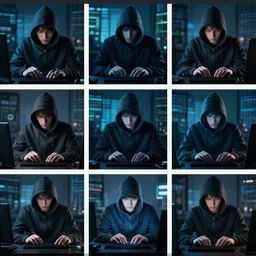 a 3 by 3 array of a hacker working in the night