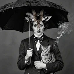 photographic portrait max ernst sad woman giraffe feathers, wearing a suit, holding an umbrella and a cat, spiraling cigarette smoke, editorial