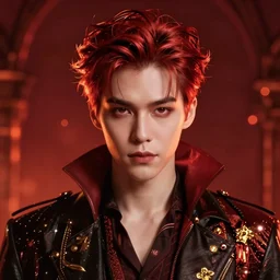 jimin as a vampire. semi realism, anime realism, anime proportions, symmetrical face, photorealism, uhd, amazing depth, glowing, golden ratio, 3 d octane cycle unreal engine 5, volumetric lighting, cinematic lighting, red orange lighting, cgstation artstation concept art