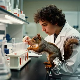 film still of a squirrel working in a research lab filling test tubes, 8 k