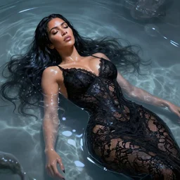 epic full - pov - shot still of kim kardashian unconscious wearing a black lace dress in a transparent alien liquid, wet flowing hair, gooey skin, illustration, unreal engine 5, 8 k, made by h. r. giger.