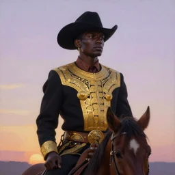 a beautiful painting of a regal african cowboy, in front of a pale lavender sunrise, dawn, predawn, golden light, art deco!, silhouette, no crop, smooth, sharp focus, grainy, realistic, very realistic, hyperrealistic, highly detailed, very detailed, extremely detailed, very neat, very epic, very cool, detailed, made by Jacob Lawrence