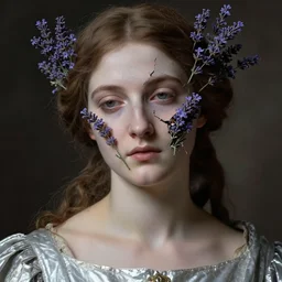 hyperrealism close - up mythological portrait of a medieval woman's shattered face partially made of lavender colour flowers in style of classicism, pale skin, wearing silver dress, dark and dull palette