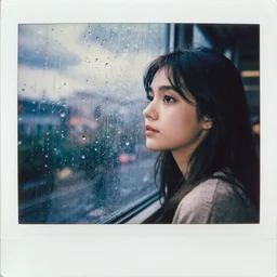 weathered old analog polaroid portrait photograph of a beautiful young woman looking out of a rainy window, raining, clouds outside, depth of field, bokeh, filmgrain, azure color bleed