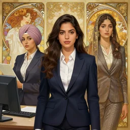 a beautiful illustration in the office of one young brazilian woman wearing an office suit one young sikh woman wearing an office suit one young spanish woman wearing an office suit and one young hyderabadi woman wearing a suit, intricate, sharp focus, illustration, highly detailed, digital painting, concept art, matte, art by wlop and artgerm and greg rutkowski and alphonse mucha, masterpiece