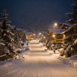 cozy winter night at a ski resort, tilt - shift photography, highly detailed snow, low light, illuminated by street lights