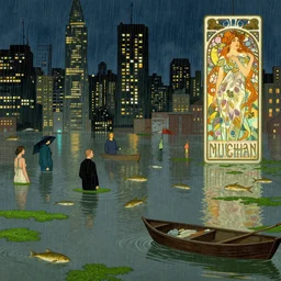 flooded city, fish, algae, boats, city lights, saturated colors, rain, Dan Mumford, Peter Mohrbacher, thomas kindkade, alphonse mucha, loish, norman rockwell, johnny, Vincenzo Riccardi, Naranbaatar Ganbold greg rutkowski, trending on artstation, concept art