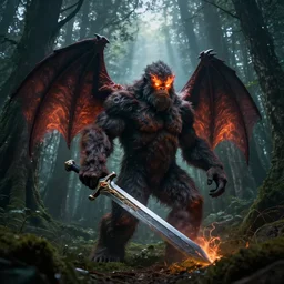 wide angle dslr photograph of a very hairy bigfoot with bat wings and firey eyes holding a giant magic sword, standing in a forest clearing, dark fantasy, god rays, epic cinematic lighting, digital art