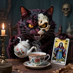 Angry Cheshire Cat brewing tea, Death Tarot card,highly detailed,half skull face,cinematic,8k,by Stanley Artgermm,Tom Bagshaw,Greg Rutkowski,Carne Griffiths, Ayami Kojima, Beksinski, Giger,trending on DeviantArt,hyper detailed,horror, full of colour