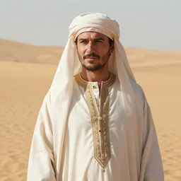 movie still of peter stormare in the desert in djellaba, cinematic shot, close shot, natural light