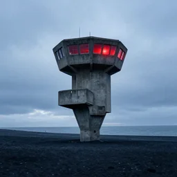 an old robust concrete brutalist observation tower from ww 2 with red light coming from inside. the tower floats above a icelandic beach, black sand beach, blue hour, cloudy day, watercolor, award winning, trending on artstation, cinematic