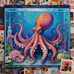 acrylic painting of a bizarre nightmare octopus in front of an aquarium in tokyo, mixed media collage by basquiat and jackson pollock, maximalist magazine collage art, retro psychedelic illustration
