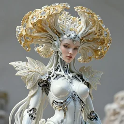 intricate hyper detailed ultra sharp 3 d render of a beautiful smooth porcelain fascinating cyborg woman portrait, medium shot portrait, beautiful natural bright light, seductive look, alexandre ferra mecha, haute couture huge wide spreaded fractal gold mycelum and crystal pore fungi head ornaments, big embroidered leaves stems filigree organic mangrove roots, cyberpunk white silver armor, art nouveau, octane render, volumetric cinematic lighting, 8 k, vray tracing