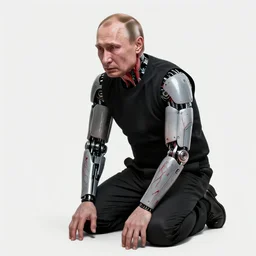 art portrait of Vladimir Putin with blood and veins, crying, staying on her knees, ,8k,by tristan eaton,Stanley Artgermm,Tom Bagshaw,Greg Rutkowski,Carne Griffiths,trending on DeviantArt,face enhance,hyper detailed,minimalist,cybernetic, android, blade runner,full of colour,