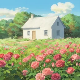 in the dreamlike sea of flowers, a lot of roses, there is a simple and atmospheric white villa, diffuse light, by makoto shinkai