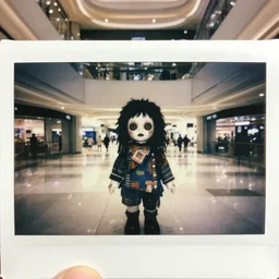 polaroid photo of scary doll in empty liminal mall