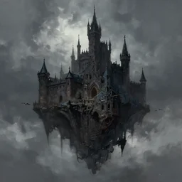 Floating dark and sinister castle floating in the sky, digital painting, brush strokes
