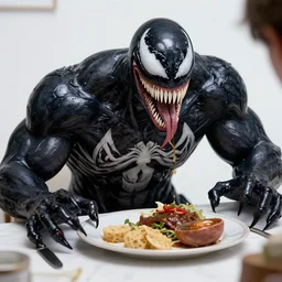 venom eating dinner, character sheet, character design, contrast, deep focus, turnaround, highly detailed, dramatic lighting, digital painting, artstation, concept art, matte, sharp focus, illustration, elegant, art by artgerm and greg f and alphonse mucha.