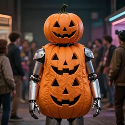 pumpkin costume on mark zuckerberg wearing a pumpkin costume, cybercore ravecore, robot, in 1 9 8 7, scene from a kiyoshi kurosawa movie