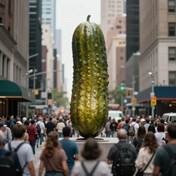 a photograph of a single giant upright pickle sculpture in the center of a new york street, a large crowd have gathered, by Claes Oldenburg, Tilt shift, pop art, 3D render, Volumetric dynamic lighting, Highly Detailed, Cinematic Lighting, Unreal Engine, 8k, HD