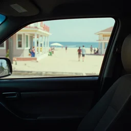 fuji 5 0 r, 3 5 mm ; ronin film still of car interior with front seat side window view with ; in the background projection of beautiful hyperrealistic film still from ronin ( 1 9 9 0 ) beach promenade scene directed by wes anderson, highly detailed, cinematic lighting, 8 k