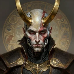 symmetry!! portrait of loki in the style of god of war, machine parts embedded into face, intricate, elegant, highly detailed, digital painting, artstation, concept art, smooth, sharp focus, illustration, art by artgerm and greg rutkowski and alphonse mucha, 8 k