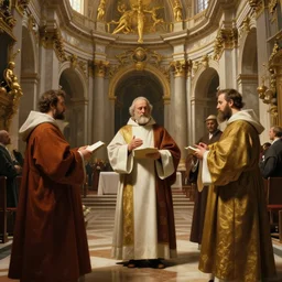 beautiful oil matte painting, priests holding a church ceremony inside a baroque cathedral, wonderful masterpiece highly detailed, beautiful cinematic light deep focus, elegant, digital painting, smooth, sharp focus, golden ratio, dramatic illumination, ultra realistic, 8 k, art by giovanni bellini and caravaggio