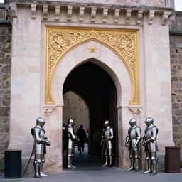 photo of an ancient castel entrance, armorers, sharp focus, volumetric light, pastels lightings, intricate details, ( ( ( gold intricate ) ) ) photorealism, depth of field, crisp, hasselblad camera, by annie leibovitz and moebius