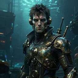dark underwater steampunk portrait of dexter morgan, detailed bioshock city in the background, hyper detailed, digital art, cinematic lighting, studio quality, smooth render, unreal engine 5, octane rendered, art style by klimt and nixeu and ian sprigger and wlop and krenz cushart