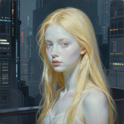 Painting of a girl in a cyberpunk city, long blonde hair, delicate, pale milky white porcelain skin, by Edward Hopper. 8K. Extremely detailed.