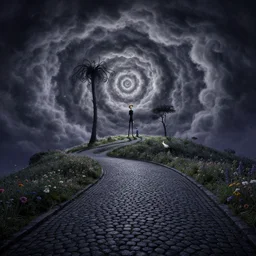 dark tones, curled perspective digital art of spiral clouds cobblestone street with wildflowers top of a hill with curly palmtrees by anton fadeev from nightmare before christmas. horton hears a who!