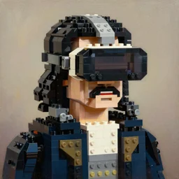 a portrait of napoleon wearing vr glasses, made out of lego, oil painting