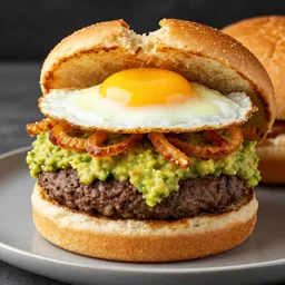 juicy vegan hamburger topped with guacamole and fried onion and a vegan fried egg, crispy buns, 8 k resolution, professional food photography, studio lighting, sharp focus, hyper - detailed