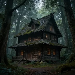a single wooden house of a ancient witch in an ancient old forrest, eeire mood, Dynamic lighting, cinematic, establishing shot, extremely high detail, photo realistic, cinematic lighting, , post processed denoised, concept design, concept art, artstation, matte painting, midjourney, style by alex ross, raphael lacoste, eddie mendoza