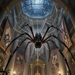 spider's lair with giant walls and glass ceilings showing the stars and hanging web silk drapery and tapestries, light dust, magnificent, close up, details, sharp focus, elegant, highly detailed, illustration, by Jordan Grimmer and greg rutkowski and PiNe(パイネ) and 薯子Imoko and 香川悠作 and wlop and maya takamura, intricate, beautiful, Trending artstation, pixiv, digital Art