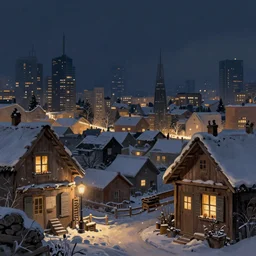 a digital painting of a cityscape at night. winter. highly detailed. rustic vibe. artstation.