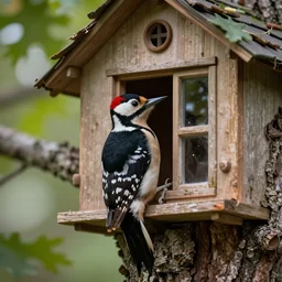 5 5 mm macro photo of a woodpecker inside a house in an oak tree, looking through the window. dof. bokeh. by luis royo. highly detailed 8 k. intricate. lifelike. soft light. cinematic processing