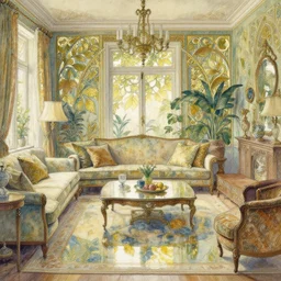 a beautifull intricate watercolour painting of a living room with leaves, reflexions, verry high details by william turner art, greg rutkowski and alphonse mucha, trending on artstation, very very detailed, masterpiece, muted colors